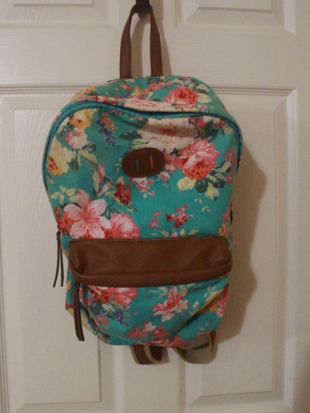 Title: Teal Floral Backpack with Brown Trim